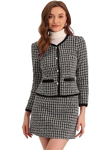 Allegra K Damen Anzug Set Zweiteilige Outfits Kariert Tweed Kurzblazer Jacke und Rock Set Schwarz M von Allegra K