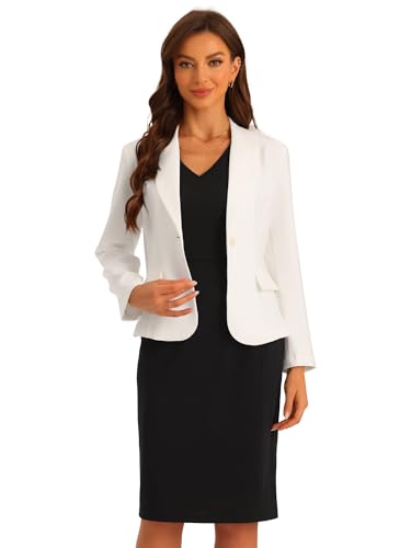 Allegra K Damen Anzug-Sets Business 2-Teiliges Outfit Einfarbig V-Ausschnitt Bürokleid Gekerbtes Revers Blazer Weiß L von Allegra K