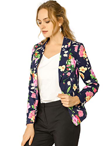 Allegra K Damen Anzugblazer, Wildlederblazer, Kerbrevers vorne offen, komplett bedruckter Blazer, Blazer-Jacken für Frauen, Marineblau-Blumenmuster, 44 von Allegra K