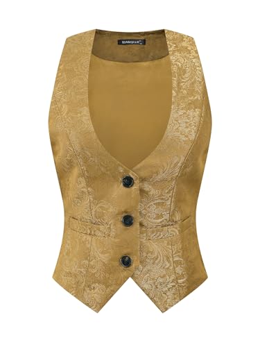 Allegra K Damen Anzugweste Ärmellos Gilet Knopfleiste Jacquard Vintage Weste Dunkel Khaki L von Allegra K