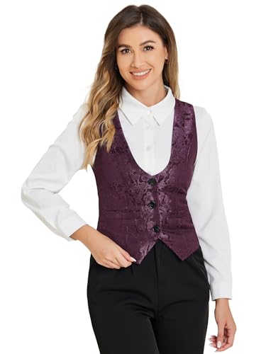 Allegra K Damen Anzugweste Ärmellos Gilet Knopfleiste Jacquard Vintage Weste Dunkel Lila XL von Allegra K