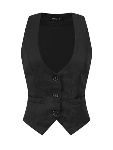 Allegra K Damen Anzugweste Ärmellos Gilet Knopfleiste Jacquard Vintage Weste Schwarz XS von Allegra K