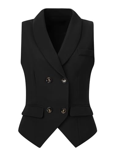 Allegra K Damen Anzugweste Ärmellos Schalrevers Zweireihig Gürtel Elegant Weste Schwarz XS von Allegra K