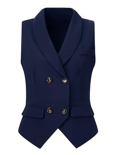 Allegra K Damen Anzugweste Zweireihiges Revers Dressy Weste, dunkelblau, M von Allegra K