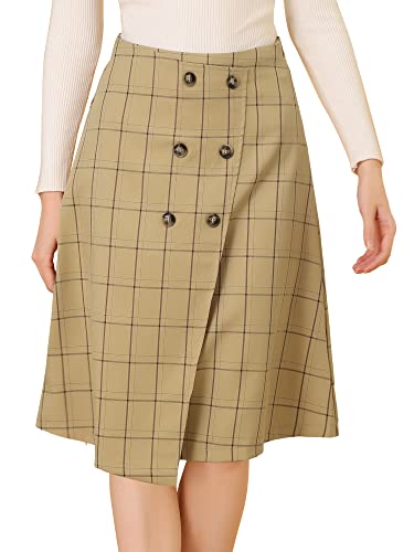 Allegra K Damen Arbeit Büro Grid Plaid Knöpfe Knielang A-Linie Hohe Taille Rock, Khaki, X-Klein von Allegra K