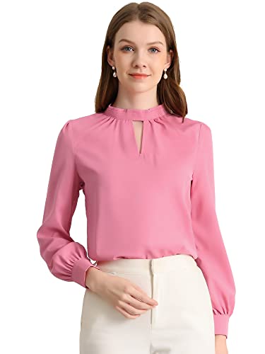 Allegra K Damen Arbeit Büro Hemd Schlüsselloch Elegant Stehkragen Langarm Chiffon Blusen, rose pink, Groß von Allegra K