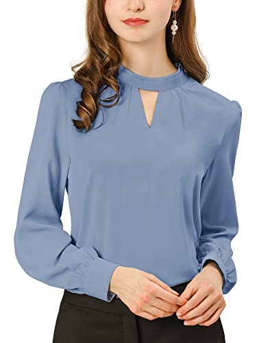 Allegra K Damen Arbeit Büro Hemd Schlüsselloch Elegant Stehkragen Langarm Chiffon Blusen - Blau - Mittel von Allegra K