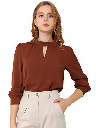 Allegra K Damen Arbeit Büro Hemd Schlüsselloch Elegant Stehkragen Langarm Chiffon Blusen - Braun - Groß von Allegra K