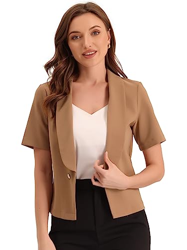 Allegra K Damen Arbeitblazer Kurzarm Reverskragen Knöpfe Offen Business Blazer Jacke Braun L von Allegra K