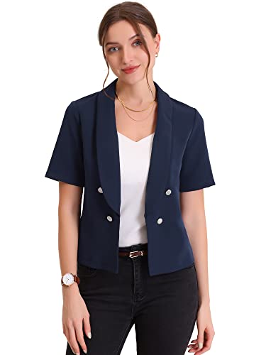 Allegra K Damen Arbeitblazer Kurzarm Reverskragen Knöpfe Offen Business Blazer Jacke Navy blau M von Allegra K