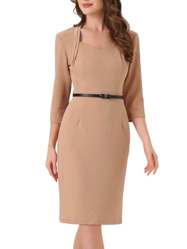 Allegra K Damen Arbeits Business Etuikleid mit 3/4-Ärmeln Gürtel und Herzförmigem Ausschnitt Elegant Midikleid Dunkle Aprikose L von Allegra K