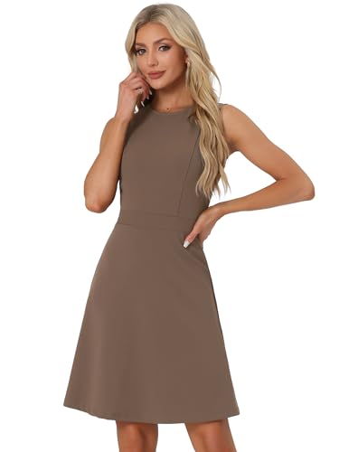 Allegra K Damen-Arbeitskleid, Rundhalsausschnitt, einfarbig, ärmellos, ausgestelltes Kleid, Kaffee, Klein von Allegra K