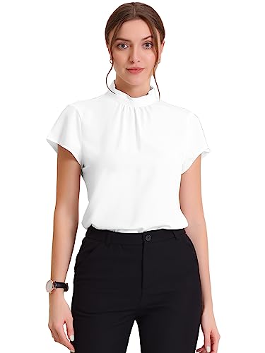 Allegra K Damen Bluse Sommer Kurzarm Stehkragen Chiffon Business Oberteil Flügelärmel Elegant Top Weiß S von Allegra K