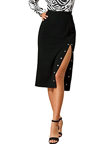 Allegra K Damen Asymmetrischer Button Decor Elastische Taille Stretchiger Midi-Rock mit hohem Schlitz Schwarz S von Allegra K