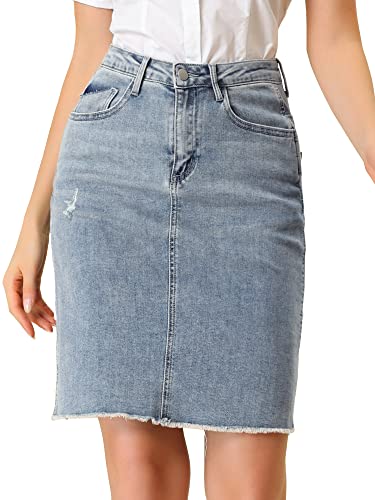 Allegra K Damen Jeansrock Knielang Hohe Taille Gerader Rock Ripped Saum Röcke Blau L von Allegra K