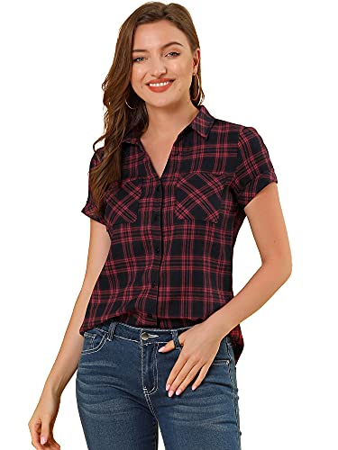 Allegra K Damen Baumwolle Classic Button Down Western Plaid Shirt, Rot, schwarz, Groß von Allegra K