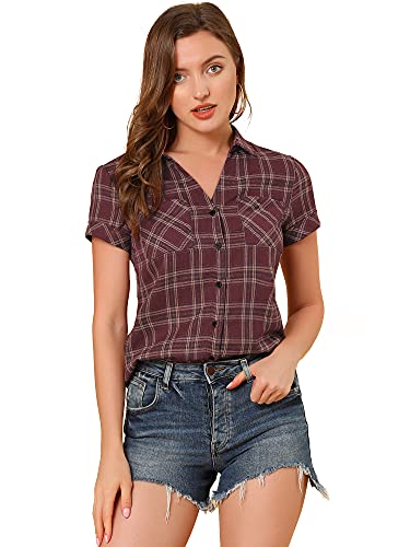 Allegra K Damen Kariertes V-Ausschnitt Shirt Kurzarm Classic Oberteil mit Taschen Karo Bluse Burgunderrot M von Allegra K