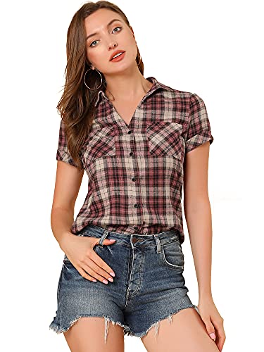 Allegra K Damen Kariertes V-Ausschnitt Shirt Kurzarm Classic Oberteil mit Taschen Karo Bluse Beige Rot XL von Allegra K