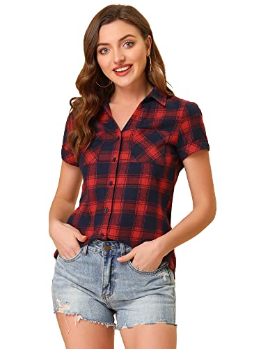 Allegra K Damen Kariertes V-Ausschnitt Shirt Kurzarm Classic Oberteil mit Taschen Karo Bluse Dunkelblau Rot S von Allegra K