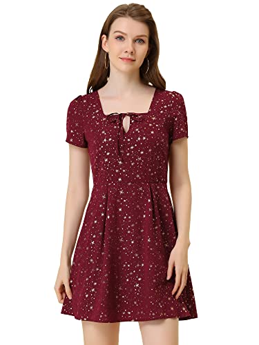 Allegra K Damen Bedruckt Casual Square Neck Kurzarm Fit und Flare Kleid, Burgunderrote Sterne, Klein von Allegra K