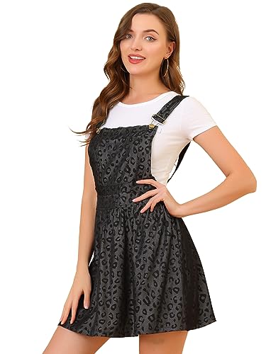 Allegra K Damen Casual Latzkleid Strapse Träger Pantern Lätzchen Overall Minikleider, Dunkelgrau-Leopardenmuster, Mittel von Allegra K