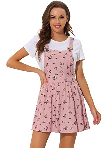 Allegra K Damen Bedruckter Overall Verstellbare Träger Strapse Mini Chambray Trägerkleid, Pink-Floral, Groß von Allegra K