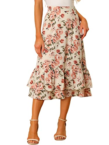 Allegra K Damen Bedruckter Rock Chiffon Elastische Taille Rüschen Stufige Flowy Midi Röcke, Beige/pink-blumig, Mittel von Allegra K