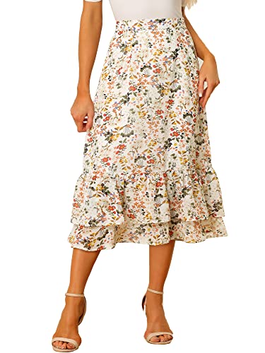 Allegra K Damen Bedruckter Rock Chiffon Elastische Taille Rüschen Stufige Flowy Midi Röcke, Weiß / Gelb mit Blumenmuster, X-Klein von Allegra K