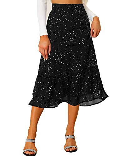 Allegra K Damen Bedruckter Rock Chiffon Elastische Taille Rüschen Tiered Flowy Midi Röcke, blackstar, Groß von Allegra K