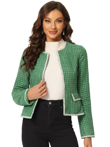 Allegra K Damen-Blazer, kariert, Tweed, lange Ärmel, offene Vorderseite, Arbeit, Büro, kurze Jacke, Grün , XS von Allegra K