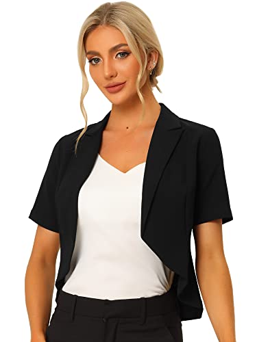 Allegra K Damen Kurzarm Blazer Business Casual Leichter Elegant Cardigan mit Revers Schwarz L von Allegra K