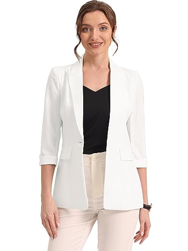 Allegra K Damen Blazer Gekerbtes Revers 3/4-Ärmel Formelle Anzug Cardigan Jacke Weiß M von Allegra K