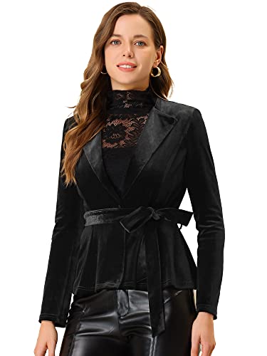 Allegra K Damen Blazer Langarm Samt Reverskragen Büro Elegant Jacke mit Gürtel Schwarz L von Allegra K