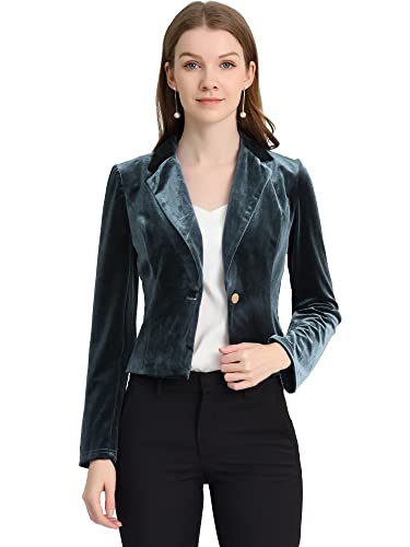 Allegra K Damen Blazer Langarm Umlegekragen Einreiher Samt Anzüge Arbeit Elegante Blazerjacke Grau Blau XL von Allegra K