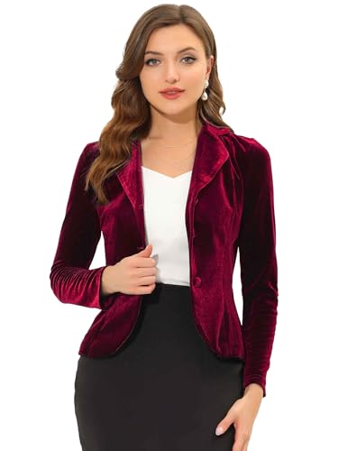 Allegra K Damen Blazer Velvet Langarm Reverskragen Knopfleiste Front Samt Arbeit Jacke Burgund M von Allegra K