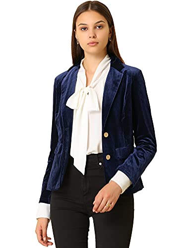 Allegra K Damen Samt Blazer Vintage gekerbtes Revers Knopfleiste vorne Arbeitsanzug Jacke, dunkelblau, 44 von Allegra K