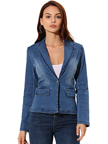 Allegra K Damen-Blazer mit Reversknöpfen, langärmelig, gewaschener Jeans-Blazer, mittelblau, Medium von Allegra K