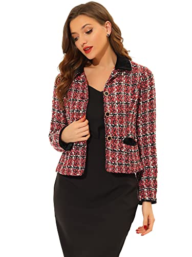 Allegra K Damen Tweed Blazer Langarm Revers Knopfleiste Karierte Samt Elegante Jacke Rot L von Allegra K