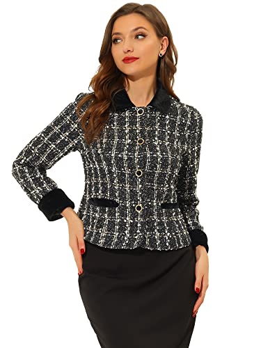 Allegra K Damen Tweed Blazer Langarm Revers Knopfleiste Karierte Samt Elegante Jacke Schwarz XS von Allegra K