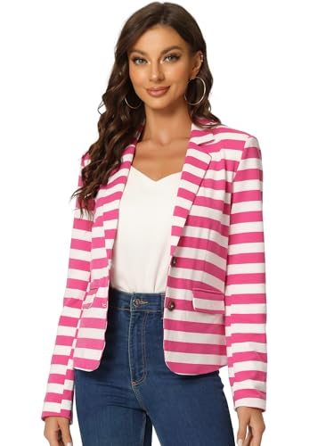 Allegra K Damen Blazer mit gekerbtem Revers und Knopfverschluss, Hot Pink / Weiß, M von Allegra K