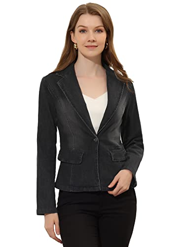 Allegra K Damen-Blazer mit gekerbtem Revers und einem Knopf, lange Ärmel, Business Washed Denim, Schwarz, XS von Allegra K