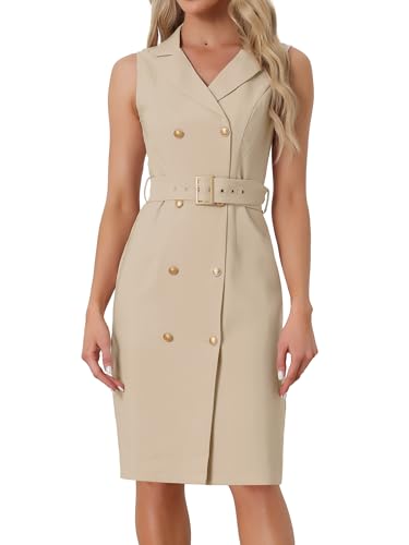 Allegra K Damen Blazerkleid ärmellos, gekerbtes Revers, zweireihig, Gürtel, Arbeit, Büro, khaki, Small von Allegra K