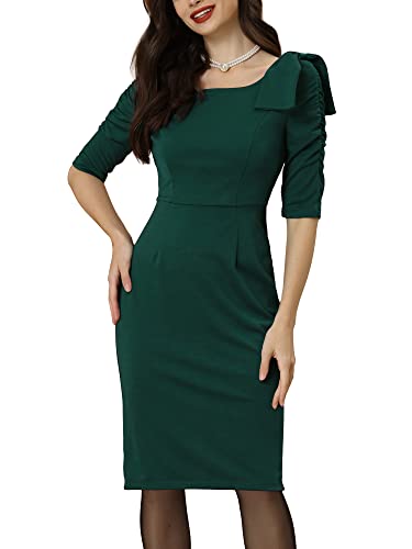 Allegra K Damen Etuikleid Elegant 3/4 Ärmel Business Casual Square Neck Bodycon Bow Ruffle Kleid Dunkelgrün L von Allegra K