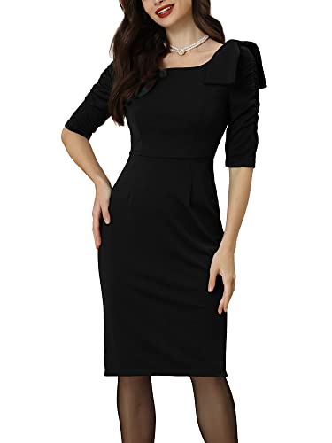 Allegra K Damen Etuikleid Elegant 3/4 Ärmel Business Casual Square Neck Bodycon Bow Ruffle Kleid Schwarz S von Allegra K