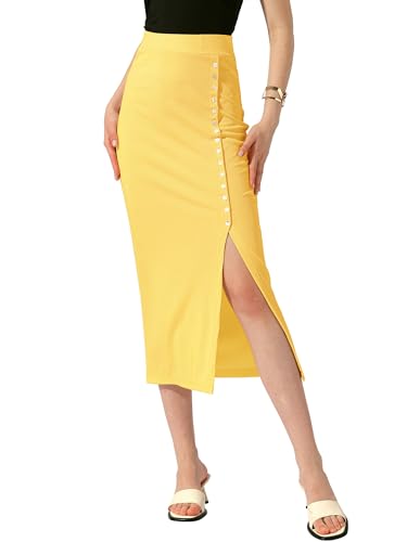 Allegra K Damen Bleistiftrock Basic Midi Casual Seitlich Geschlitzter Rippstrick Bodycon Röcke Gelb L von Allegra K