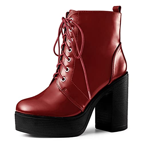 Allegra K Damen-Kampfstiefel zum Schnüren mit klobigem Plateau und hohem Absatz Rot 39 von Allegra K