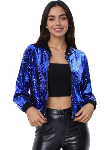 Allegra K Damen Glitzer Jacke Bomberjacke Pailletten Bomber Jacke Langarm Party Club Metallic Sequin Jacken Blau L von Allegra K