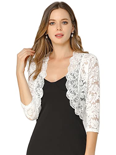 Allegra K Damen 3/4 Ärmel Crop Shrug Cardigan Hochzeit Festlich Spitzen Bolero Vorne Offen Strickjacke Weiß XS von Allegra K