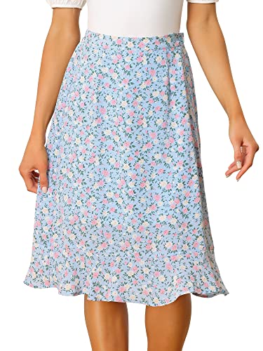 Allegra K Damen Blumen Elastisch Knopfleiste Schlitz Kniellang Midirock Rock Hell Blau XL von Allegra K