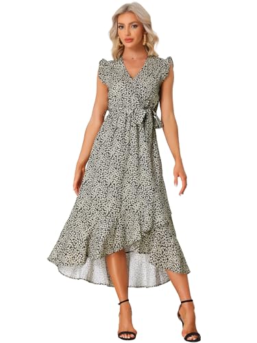 Allegra K Damen Blumen Kleid Ärmelloses Raffung V-Ausschnitt Rüschen Midi Sommerkleid mit Gürtel Schwarz XS von Allegra K